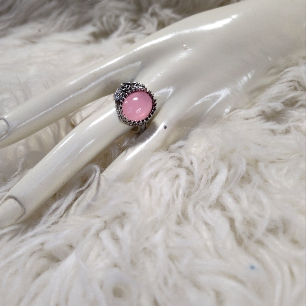 Zhixun Pink Coral Stone Rose Filigree Ring Size 8